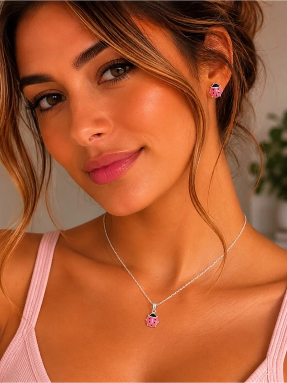 New 3pc set pink lady bug Earrings & Pendant